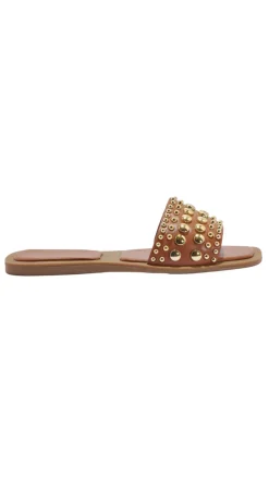 Clear Studded Mule Sandal Tan