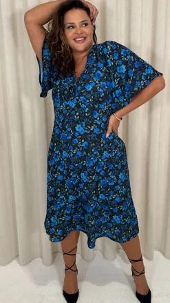 CurveWow Angel Sleeve Flounce Tie Front Midi Dress Blue Floral