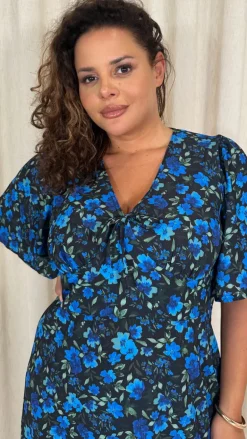 CurveWow Angel Sleeve Flounce Tie Front Midi Dress Blue Floral