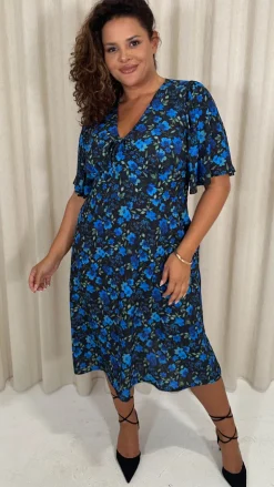 CurveWow Angel Sleeve Flounce Tie Front Midi Dress Blue Floral