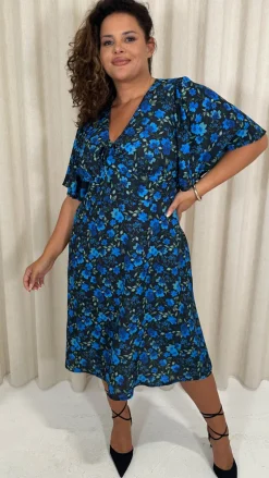 CurveWow Angel Sleeve Flounce Tie Front Midi Dress Blue Floral