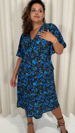CurveWow Angel Sleeve Flounce Tie Front Midi Dress Blue Floral