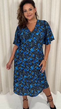 CurveWow Angel Sleeve Flounce Tie Front Midi Dress Blue Floral