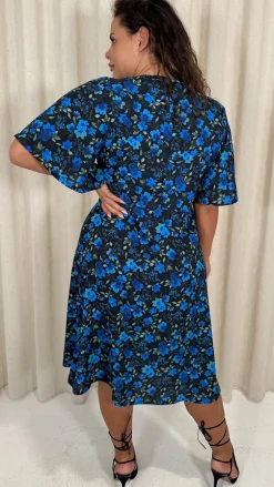 CurveWow Angel Sleeve Flounce Tie Front Midi Dress Blue Floral