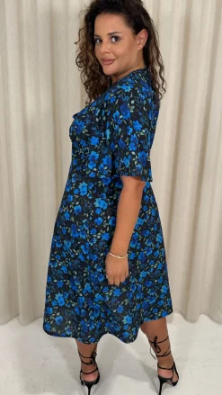 CurveWow Angel Sleeve Flounce Tie Front Midi Dress Blue Floral