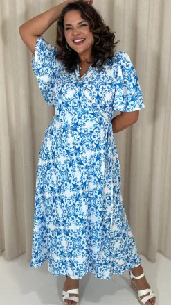 CurveWow Angel Sleeve Wrap Dress Blue Print