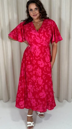 CurveWow Angel Sleeve Wrap Dress Red/Pink