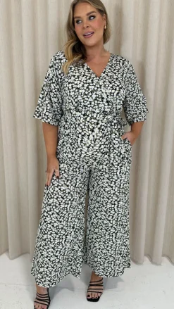 CurveWow Angel Sleeve Wrap Jumpsuit Tie Waist Daisy