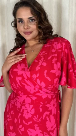 CurveWow Angel Sleeve Wrap Dress Red/Pink