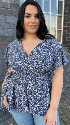 CurveWow Angel Sleeve Wrap Top Navy Leopard