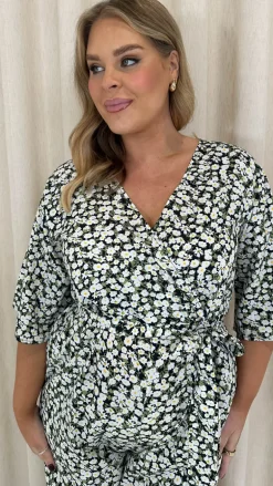 CurveWow Angel Sleeve Wrap Jumpsuit Tie Waist Daisy