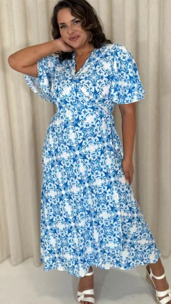 CurveWow Angel Sleeve Wrap Dress Blue Print