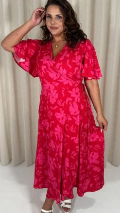 CurveWow Angel Sleeve Wrap Dress Red/Pink
