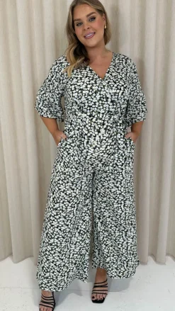 CurveWow Angel Sleeve Wrap Jumpsuit Tie Waist Daisy