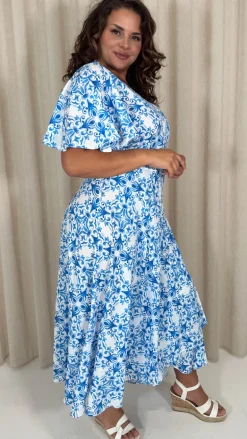 CurveWow Angel Sleeve Wrap Dress Blue Print