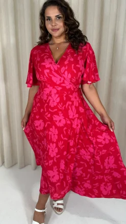 CurveWow Angel Sleeve Wrap Dress Red/Pink