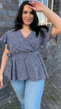CurveWow Angel Sleeve Wrap Top Navy Leopard