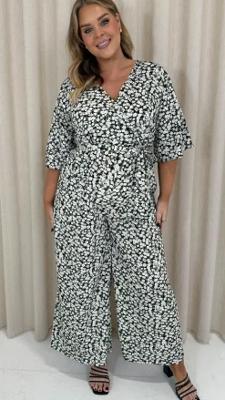 CurveWow Angel Sleeve Wrap Jumpsuit Tie Waist Daisy