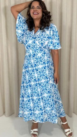 CurveWow Angel Sleeve Wrap Dress Blue Print