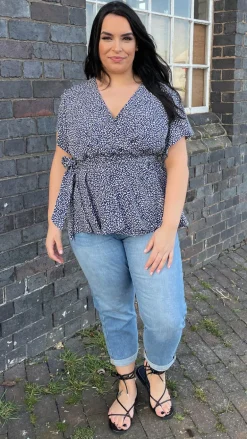 CurveWow Angel Sleeve Wrap Top Navy Leopard