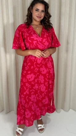 CurveWow Angel Sleeve Wrap Dress Red/Pink