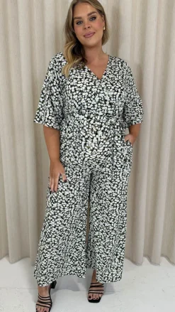 CurveWow Angel Sleeve Wrap Jumpsuit Tie Waist Daisy