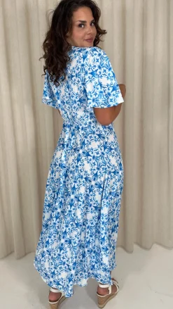 CurveWow Angel Sleeve Wrap Dress Blue Print