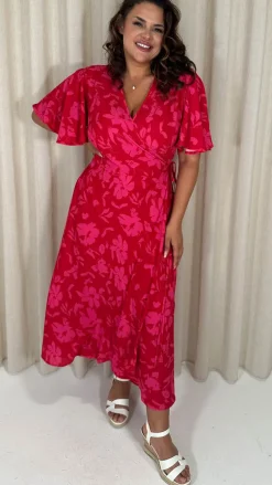 CurveWow Angel Sleeve Wrap Dress Red/Pink