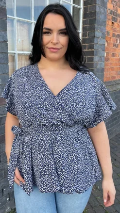 CurveWow Angel Sleeve Wrap Top Navy Leopard