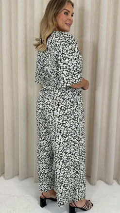 CurveWow Angel Sleeve Wrap Jumpsuit Tie Waist Daisy