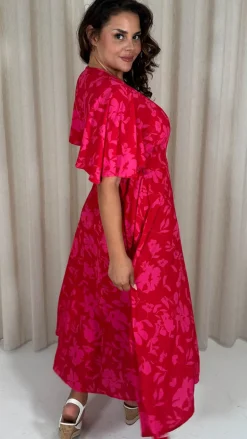 CurveWow Angel Sleeve Wrap Dress Red/Pink