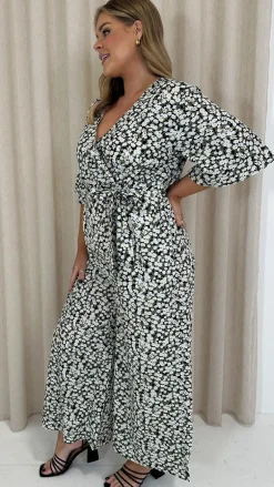 CurveWow Angel Sleeve Wrap Jumpsuit Tie Waist Daisy