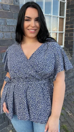 CurveWow Angel Sleeve Wrap Top Navy Leopard
