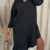 CurveWow Asymmetric Textured Hem V Neck Shift Dress Black