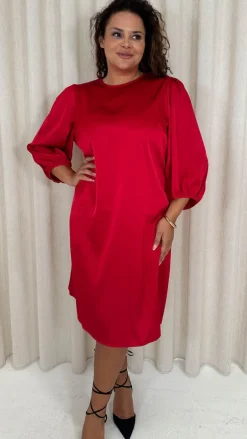 CurveWow Balloon Sleeve Shift Dress Red