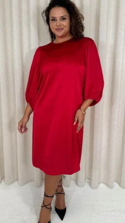 CurveWow Balloon Sleeve Shift Dress Red