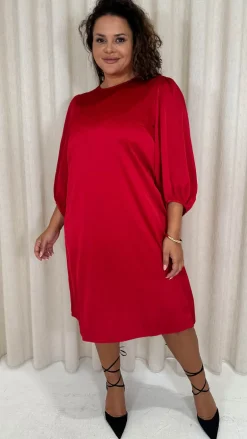 CurveWow Balloon Sleeve Shift Dress Red