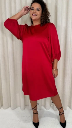 CurveWow Balloon Sleeve Shift Dress Red