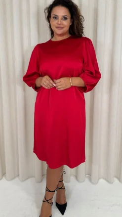 CurveWow Balloon Sleeve Shift Dress Red