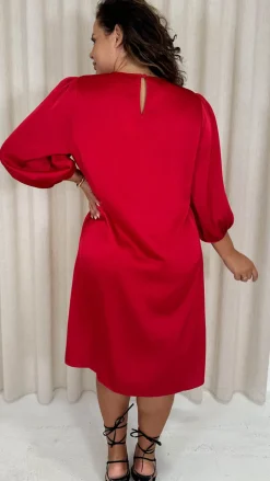 CurveWow Balloon Sleeve Shift Dress Red