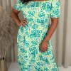CurveWow Bardot Midi Dress Turquoise Ditsy Floral
