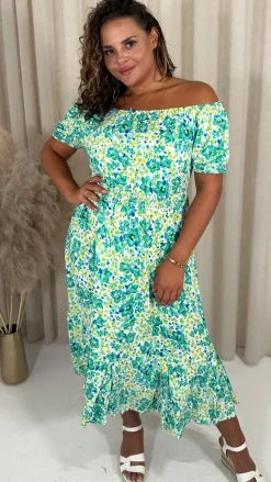 CurveWow Bardot Midi Dress Turquoise Ditsy Floral