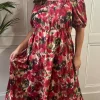 CurveWow Bardot Midi Dress Printed Blurred Floral