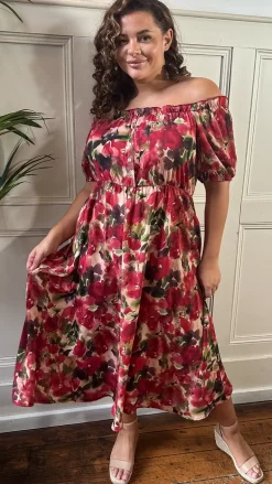CurveWow Bardot Midi Dress Printed Blurred Floral