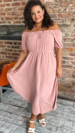 CurveWow Bardot Midi Dress Pink