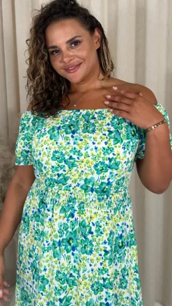 CurveWow Bardot Midi Dress Turquoise Ditsy Floral