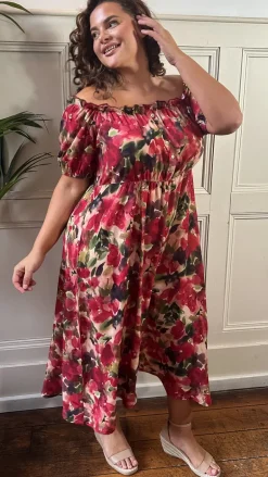 CurveWow Bardot Midi Dress Printed Blurred Floral