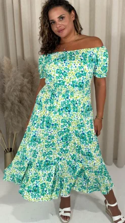 CurveWow Bardot Midi Dress Turquoise Ditsy Floral
