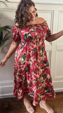 CurveWow Bardot Midi Dress Printed Blurred Floral