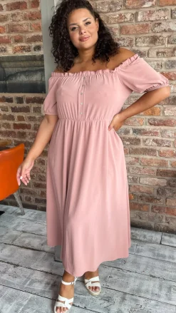 CurveWow Bardot Midi Dress Pink
